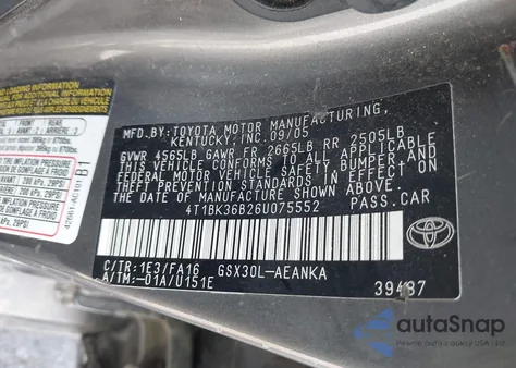 2006 Toyota Avalon Xl from USA, damaged, VIN 4T1BK36B26U075552